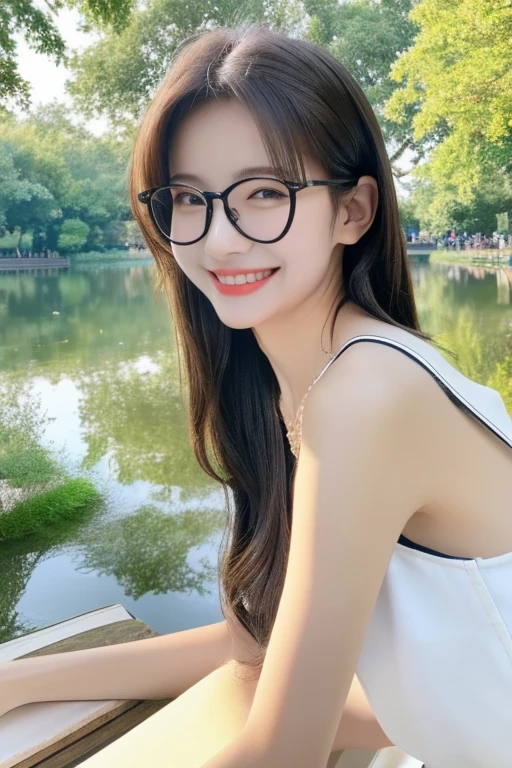 Highest quality、masterpiece、High sensitivity、High resolution、Detailed Description、Slender women、Slim Body、Glasses、On the pond in the park、Date on a boat、smile、face to face at close range、