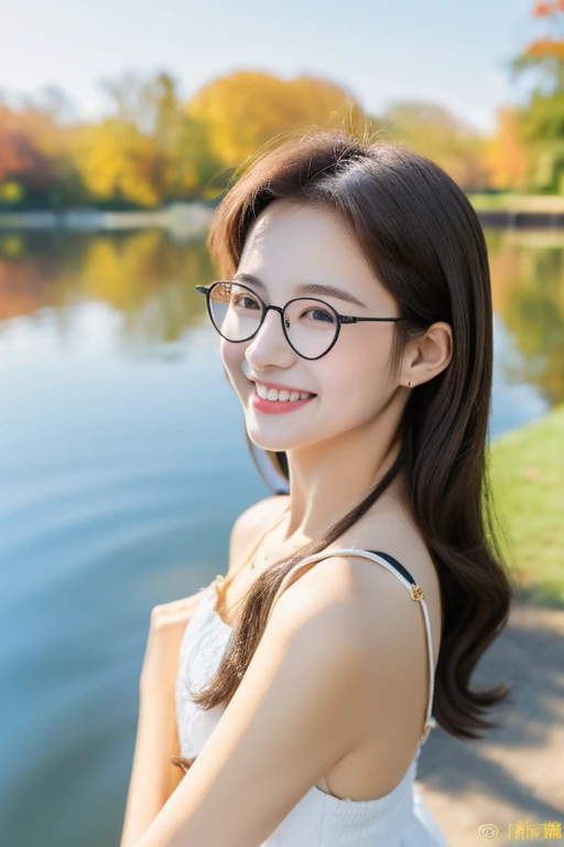 Highest quality、masterpiece、High sensitivity、High resolution、Detailed Description、Slender women、Slim Body、Glasses、On the pond in the park、Date on a boat、smile、face to face at close range、