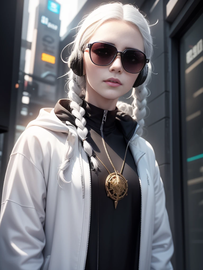 White clothes, White skin, White hair, Long braids, Cyberpunk, Golden eyes, （Wearing sunglasses）（Wearing headphones）Looking up, Upper body