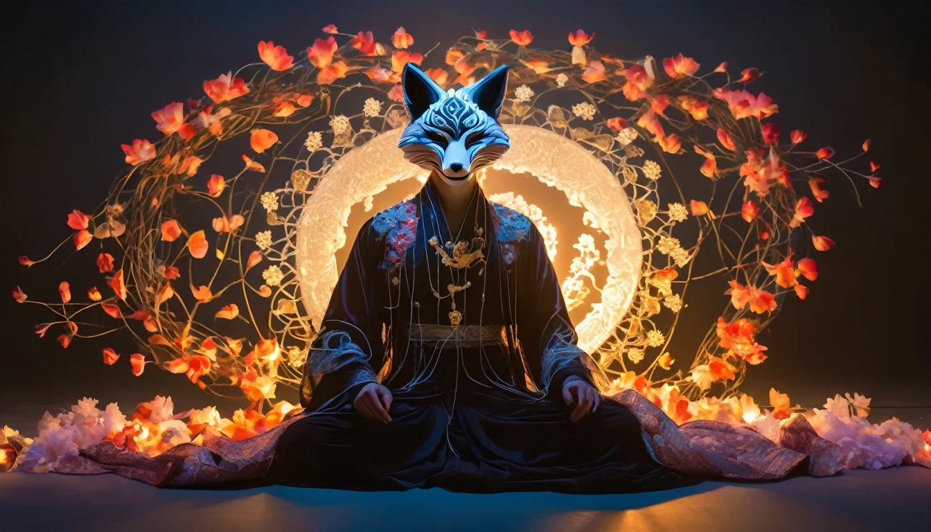 Full body photo of a man in lotus pose,born, Cinematography, (Sharp focus:1.5), (reality:1.4), dusk lighting, Volumetric lighting, Ultra-high resolution,Dramatic lighting, White Background,(Tangleた,Mandala,Tangle,Entanglement), The fox demon,Fox Mask Template,Short coat, Foxfire Curse, Fox family, conversion, Depth of written boundary, Dreamy atmosphere, Chaos in its most beautiful form, Grace, A dark theme with a brutalist design, flowers of death, flowers of ecstasy,Glowing Lines,Glow Example,Tracking example,flash, Backlight,translucent,Particles of light