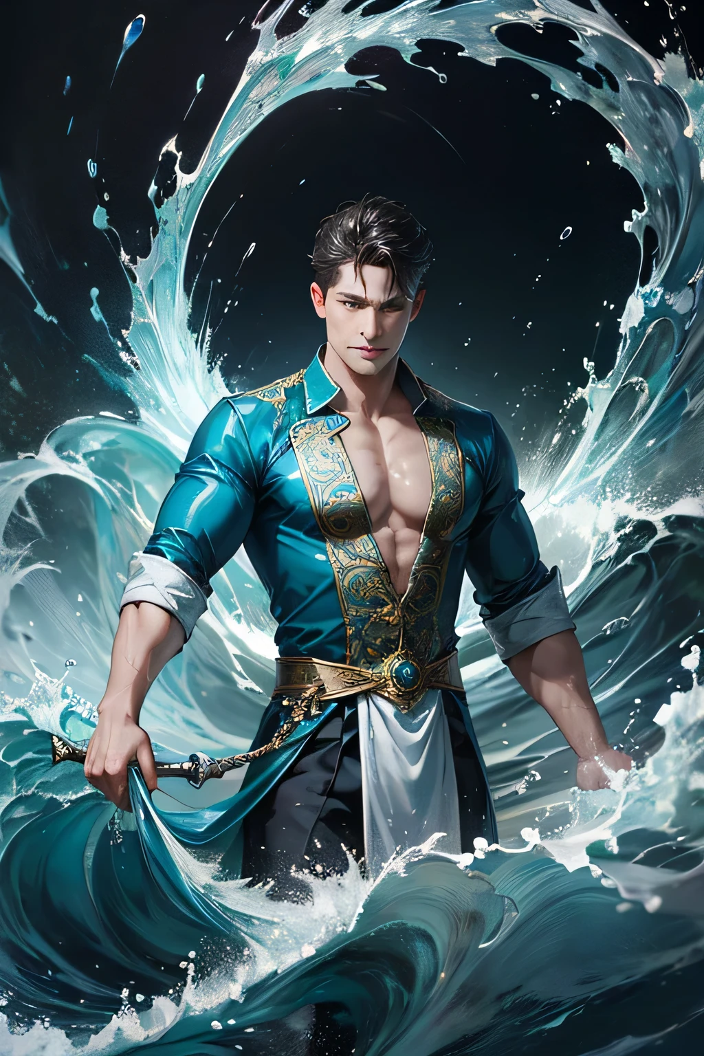 "Create an ultra-realistic image of a handsome 42-year-old man holding an aqua magical staff that emanates the powerful essence of water. Depict him surrounded by flowing currents, cascading waves, and shimmering droplets to highlight his command over the element of aqua. He should have an aqua sign marked on his body, signifying his role as the keeper of aqua and showcasing the dynamic, fluid energy of water he possesses within him."