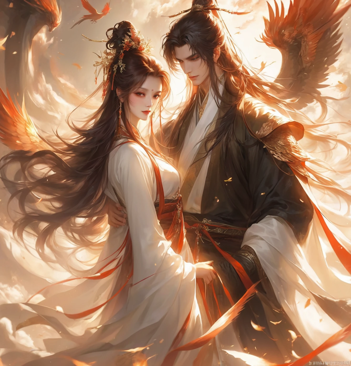 Japanese cartoons, couple, fantasy, Art, couple, wing, Asia, Asia Art, author:Yang J, Long flowing hair and robes, Wing Wall and Shurak, xianxia fantasy, Full body martial arts, Artgerm and ruan jia, ruan jia and Artgerm, WLOP 和 Sakimichan, flowing white robe,Man with red hair,Red Hair
