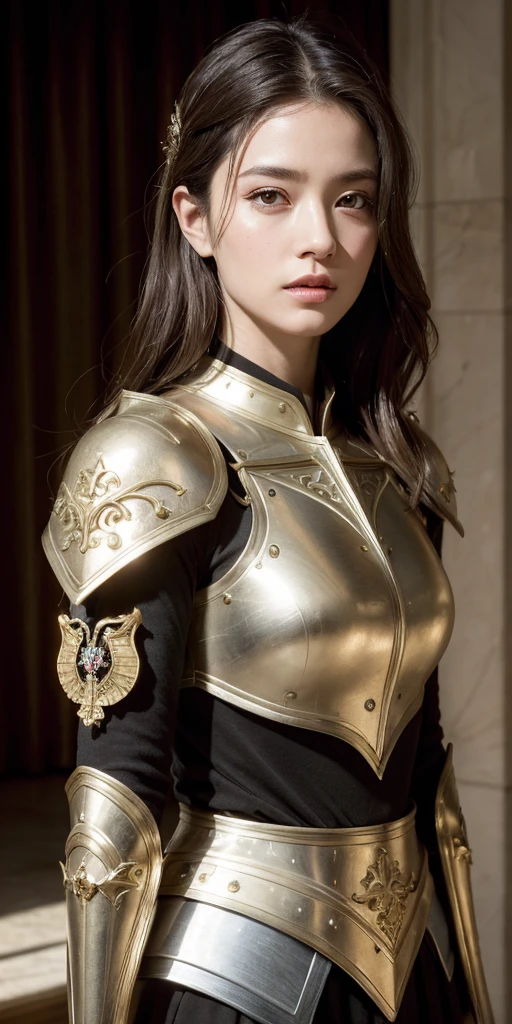 (Absurdres, Intricate Details, Masterpiece, Best Quality, High Resolution, 8k), 1 female, thin, young, aged up, masked, finely detailed eyes and face, auburn low-fade hair, amber eyes, portrait, looking at viewer, solo, half shot, detailed background, (light fantasy theme:1.1), focusing, mercenary, sunshine, floating scraps, color plate armor, divine aura, bright realistic lighting, marble castle, intense atmosphere, circlet, coat of arms, brazier, , Depth of Field, VFX.