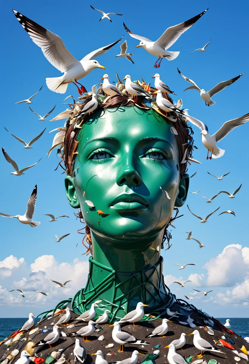 In the center is a human head made of marine garbage, surrounded by seagulls in the sky, an inspiration for protecting marine ecology.