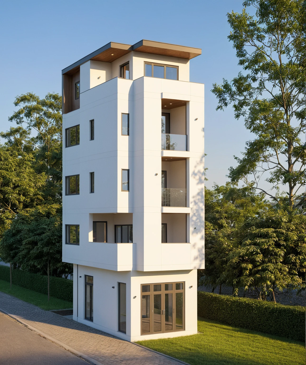 Raw photo,Masterpiece, high quality, best quality, authentic, super detail,
exterior, outdoors, house style modern on the street, glass windows, gate, wooden ceiling,
road,pavement, trees, sky, cloud, (daylight:1.1),townhouse scene