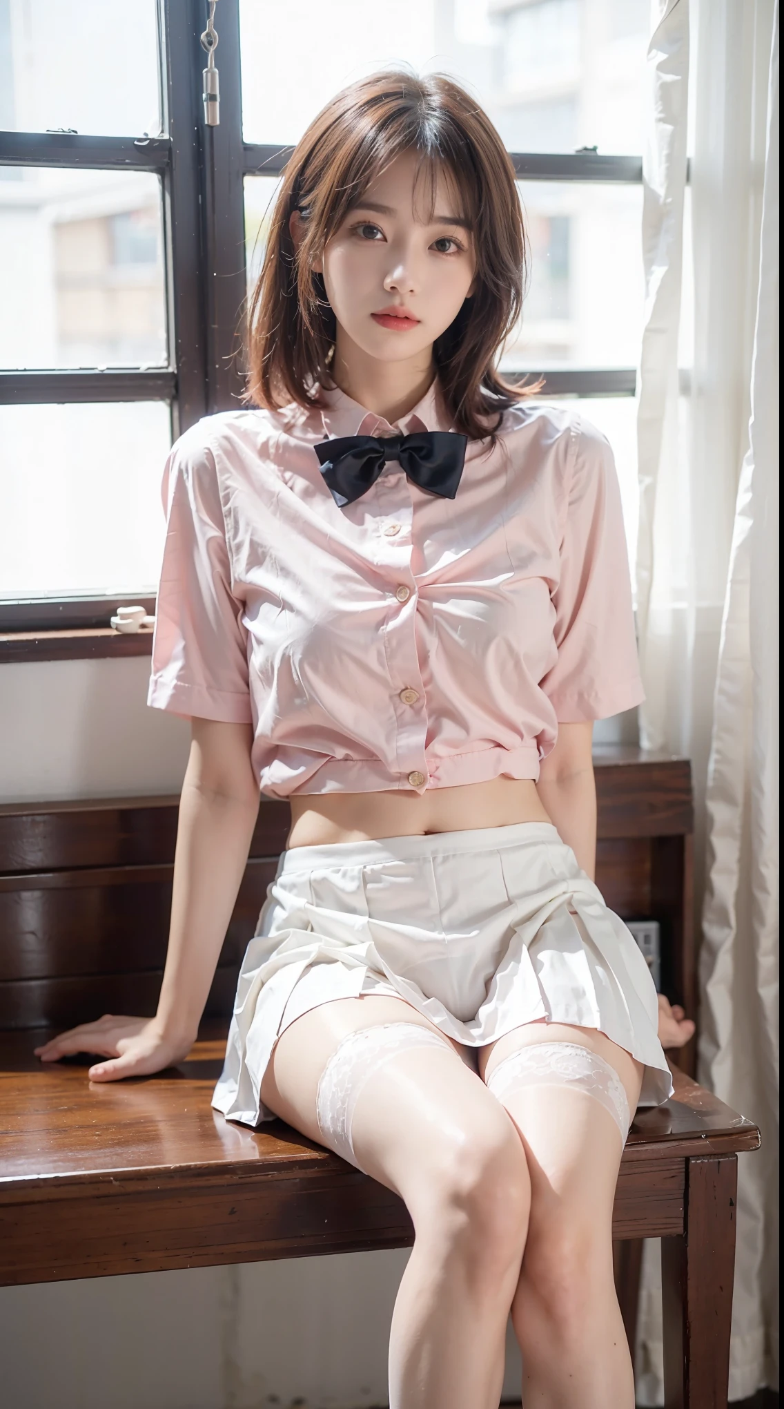 highest resolution、High level image quality、8K、true due diligence、원시 picturegraphy、top quality、masterpiece、table top、erotic、student、I like pink,white skin,knee,(flesh colored pantyhose),detail panties pattern、panties focus、pink panties、absurd,small face、 giant、중간에서 앞head 분리、The forehead is visible,(cold expression<꽉 It looks like,It looks like부심,Optimize,Thin anger)、masterpiece,top quality、Super high resolution A,원시 picture,wren,beautiful excrement,One, solo,dark expression,,whole body、Very good、JK ,High school girls,Japanese Female,stand,(photorealistic:1.37)、photon mapping,light blue ribbon,realistic、귀여운 small face,갈색 It looks like、Black socks、22 years old、(red bow tie)、radio city、physics based wrendering(물리 기반 wren더링)、Panorama、depth of fieldlurry background、picture,feminine,beautiful bridge, long legs, thin legs,long bob cut,(앞head가 보인다), head, Lips, blue_It looks like, cosoft,(pink shirt), (navy pleated skirt), knee이 다,thin clothes,, femur, black cotton socks,Nogizaka Idol, , Japan's island、반짝이는 It looks like、반짝이는 Lips、