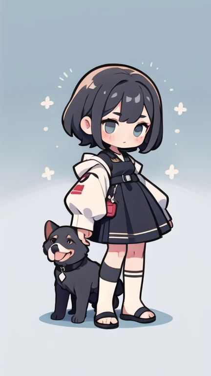 simple details,chibi,full body, a girl holding a black dog in her hand