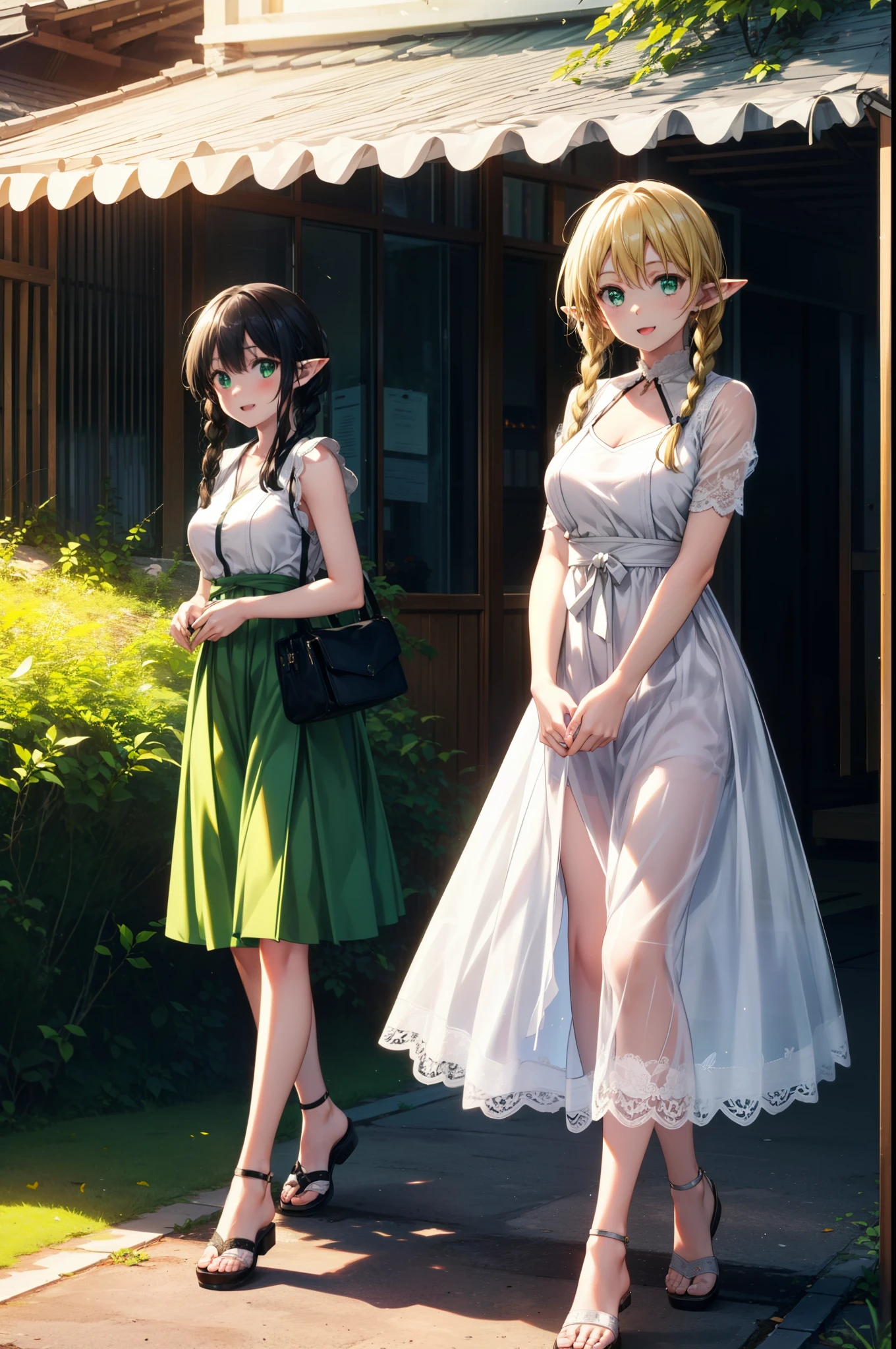 Suguhakirigaya, Suguhakirigaya, Long Hair,Blonde,Green Eyes,Pointy Ears,Short braids,,happy smile, smile, Open your mouth,Big Breasts,White straw hat,White sleeveless dress, bare arms,Green long skirt,Cute Sandals,Walking,Clear skies,whole bodyがイラストに入るように,
break outdoors, nature, forest,
break looking at viewer, whole body,
break (masterpiece:1.2), Highest quality, High resolution, unity 8k wallpaper, (shape:0.8), (Beautiful attention to detail:1.6), Highly detailed face, Perfect lighting, Extremely detailed CG, (Perfect hands, Perfect Anatomy),