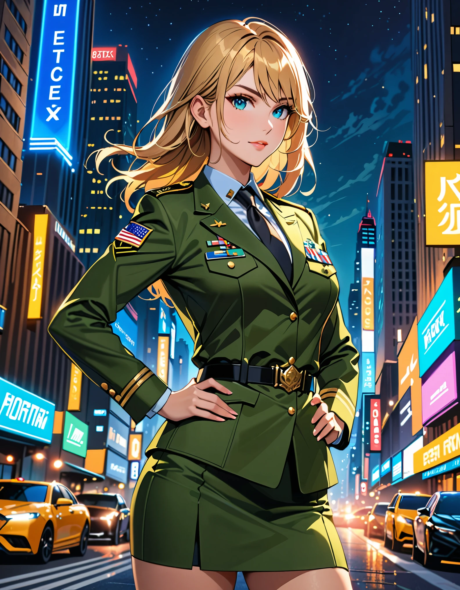 best quality, masterpiece, highres, solo, solo focus, 1lady, semi-realistic, dynamic heroic pose, standing straight, blonde hair, blue eyes, beautiful detailed eyes, beautiful detailed face, (perfect hands), sexy us military officer, city backdrop, neon edge lighting, highly detailed, professional, suit and tie, black necktie, green military uniform, pencil skirt, miniskirt, matching shoes, full body shot, hands on hip, perfect hands, medium hair, hair down, nighttime.