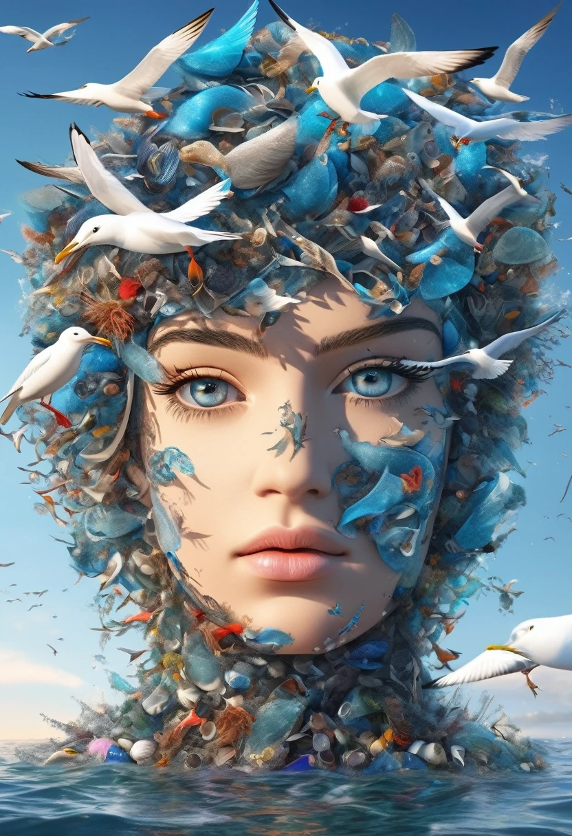 a human head made of marine garbage, seagulls in the sky, protecting marine ecology, detailed facial features, beautiful detailed eyes, beautiful detailed lips, extremely detailed face, long eyelashes, cinematic lighting, vibrant colors, surreal, digital art, 8k, best quality, photorealistic, masterpiece