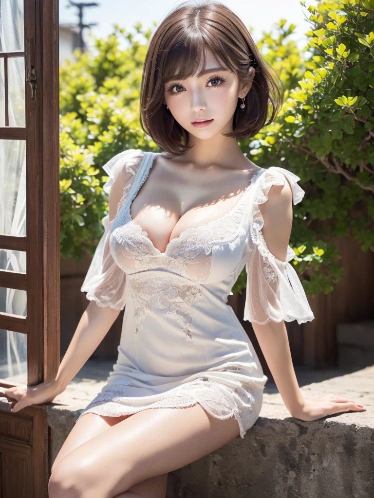 (RAW shooting, Photorealistic:1.5, 8K, Highest quality, masterpiece, Ultra-high resolution),(RAW shooting:1.2)、(Photorealistic:1.4)、(masterpiece:1.3)、(Highest quality:1.4)、(Beautiful woman with perfect body:1.ung Japanese women、(Very very beautiful:1.2)、(Mid-breasted:1.3)、(Slender and beautiful girl)、7 heads、(Sexy l pose with protruding breasts:1.3)、(Beautiful and detailed eyes)、(Attractive big eyes)、(Beautiful double eyelids)、(Beautiful and elaborate face)、(Short Bob:1.3)、Diagonal bangs、Look at the viewers、Look straight ahead、(Elegant dress、No sleeve:1.3)、(Beautiful thighs)、