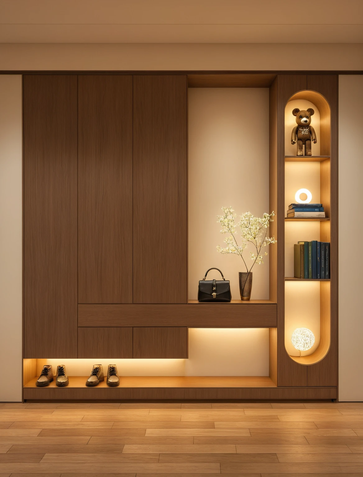 Raw photo,Masterpiece, high quality, best quality, authentic, super detail, interior, shoes Cabinet style taiwan , sunset, daylight, shoe cabinets, decorative cabinets, flower vases, decorations, books, wooden floor, handbags, shoes, bearbrick,