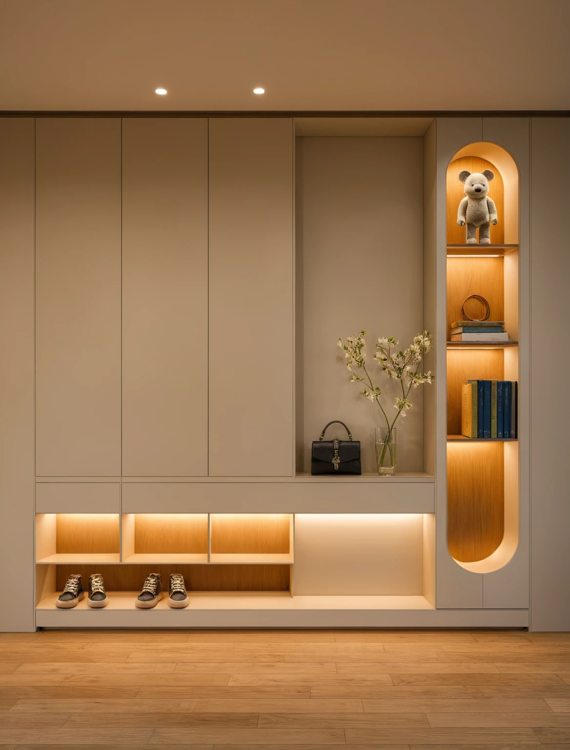 Raw photo,Masterpiece, high quality, best quality, authentic, super detail, interior, shoes Cabinet style taiwan , sunset, daylight, shoe cabinets, decorative cabinets, flower vases, decorations, books, wooden floor, handbags, shoes, bearbrick, 