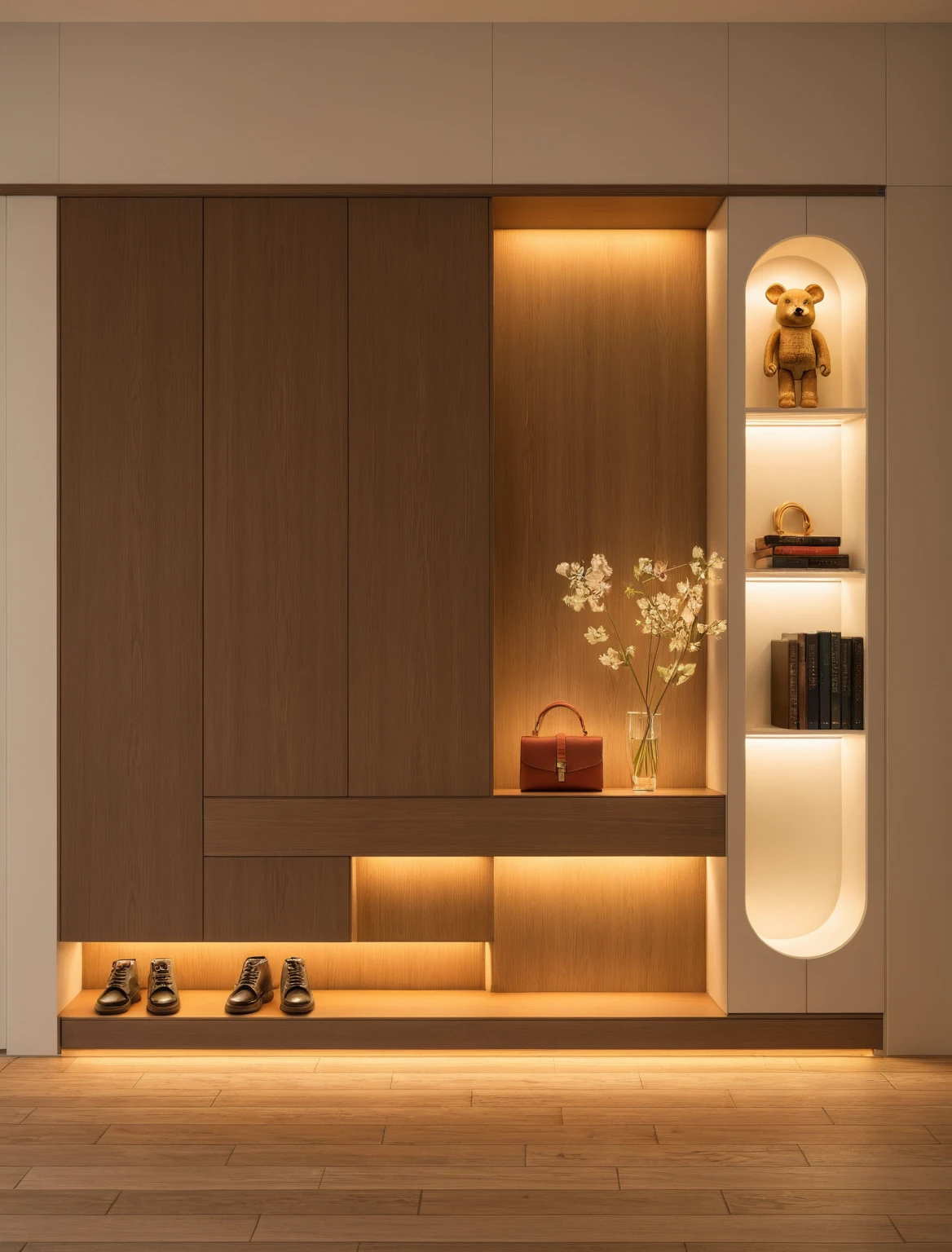 Raw photo,Masterpiece, high quality, best quality, authentic, super detail, interior, shoes Cabinet style taiwan , sunset, daylight, shoe cabinets, decorative cabinets, flower vases, decorations, books, wooden floor, handbags, shoes, bearbrick, 