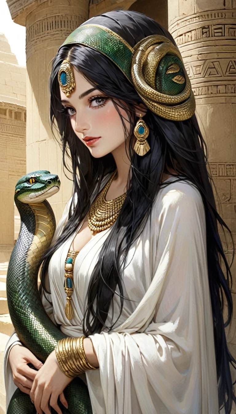 Femme de l'Égypte antique, corps de serpent, dans un temple égyptien, porte une robe blanche épousant le corps, a de long cheveux noirs orné de nombreux bijoux, enceinte de nombreux serpent, a une grosse poitrine gonflé de lait, des crochets de serpent, yeux doré a pupilles reptilienne.