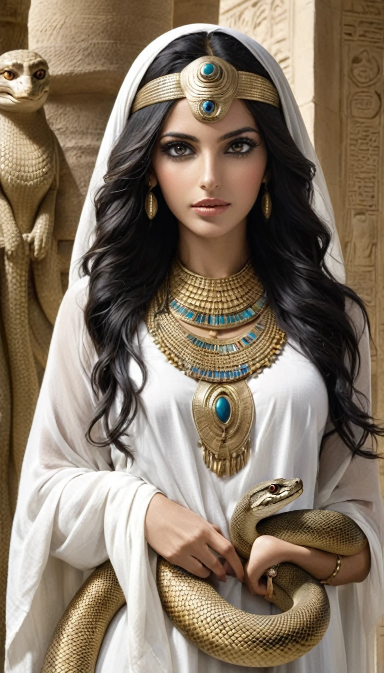Femme de l'Égypte antique, corps de serpent, dans un temple égyptien, porte une robe blanche épousant le corps, a de long cheveux noirs orné de nombreux bijoux, enceinte de nombreux serpent, a une grosse poitrine gonflé de lait, des crochets de serpent, yeux doré a pupilles reptilienne.