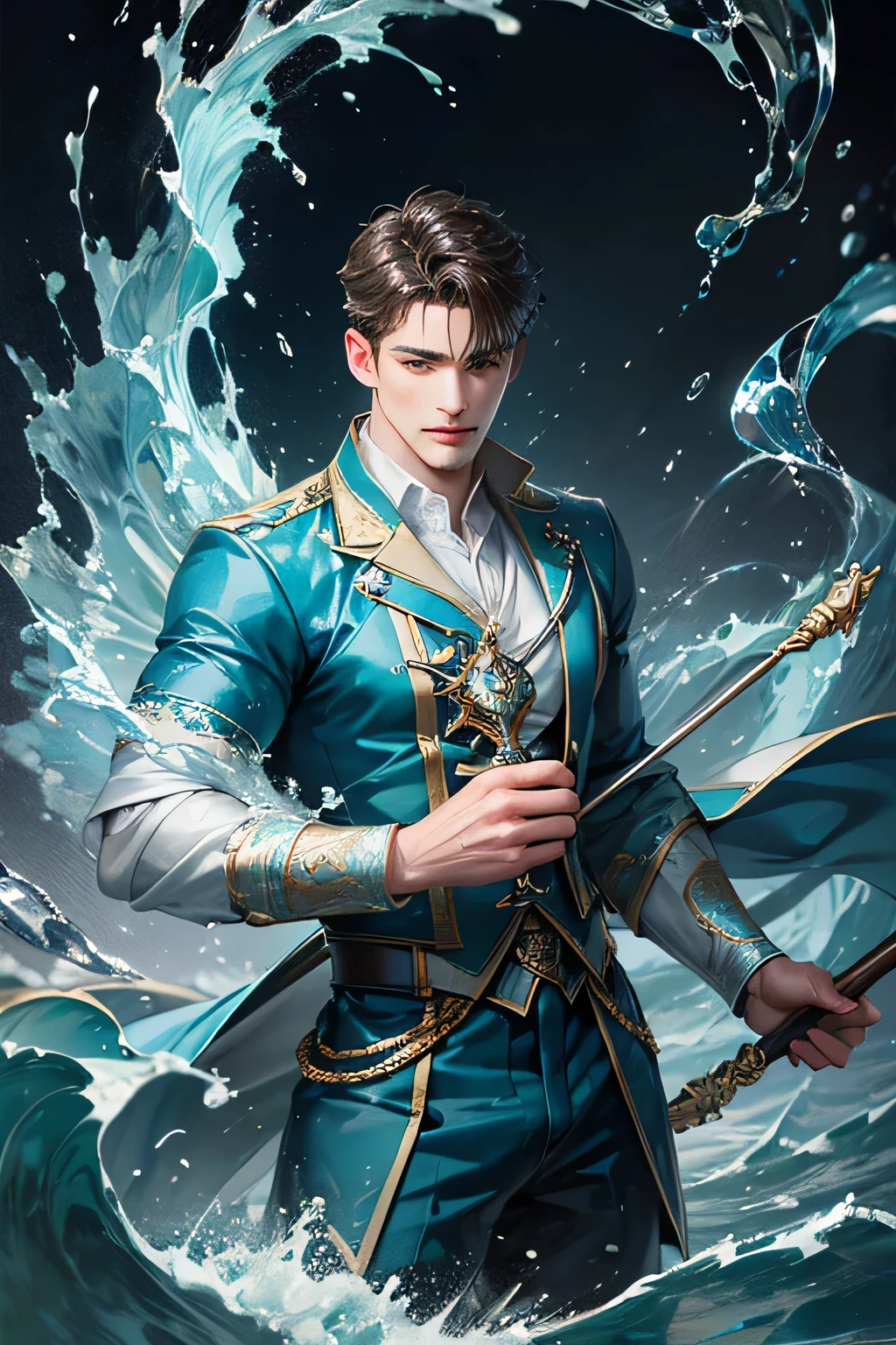 "Create an ultra-realistic image of a handsome 42-year-old man holding an aqua magical staff that emanates the powerful essence of water. Depict him surrounded by flowing currents, cascading waves, and shimmering droplets to highlight his command over the element of aqua. He should have an aqua sign marked on his body, signifying his role as the keeper of aqua and showcasing the dynamic, fluid energy of water he possesses within him."