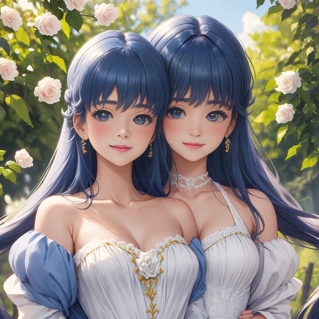 best quality,4k,8k,highres,masterpiece:1.2,ultra-detailed,realistic:1.37,portrait,beautiful mother and daughter in an Italian garden,medium:oils,classic Italian style,soft and warm colors,gentle lighting,delicate brush strokes,artistic masterpiece,pastel-hued flowers,bright blue sky and fluffy white clouds,fine details on their dresses,mother wearing an elegant white gown,daughter in a white dress with delicate lace,sparkling tiaras on their heads,smiling and joyful expressions,daughter holding a bouquet of white roses,embrace of love and innocence,subtle sunlight filtering through the trees,whisper of a gentle breeze,tranquil and peaceful atmosphere,mother's loving gaze,daughter's eyes full of excitement and joy,overall scene exudes purity and serenity.