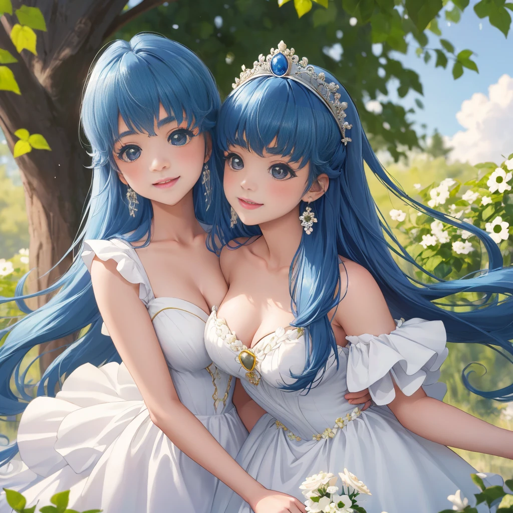 best quality,4k,8k,highres,masterpiece:1.2,ultra-detailed,realistic:1.37,portrait,beautiful mother and daughter in an Italian garden,medium:oils,classic Italian style,soft and warm colors,gentle lighting,delicate brush strokes,artistic masterpiece,pastel-hued flowers,bright blue sky and fluffy white clouds,fine details on their dresses,mother wearing an elegant white gown,daughter in a white dress with delicate lace,sparkling tiaras on their heads,smiling and joyful expressions,daughter holding a bouquet of white roses,embrace of love and innocence,subtle sunlight filtering through the trees,whisper of a gentle breeze,tranquil and peaceful atmosphere,mother's loving gaze,daughter's eyes full of excitement and joy,overall scene exudes purity and serenity.