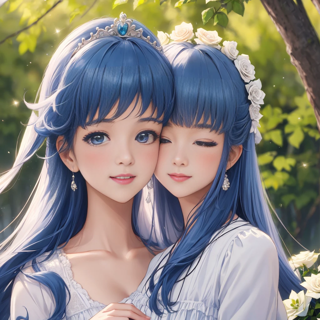 best quality,4k,8k,highres,masterpiece:1.2,ultra-detailed,realistic:1.37,portrait,beautiful mother and daughter in an Italian garden,medium:oils,classic Italian style,soft and warm colors,gentle lighting,delicate brush strokes,artistic masterpiece,pastel-hued flowers,bright blue sky and fluffy white clouds,fine details on their dresses,mother wearing an elegant white gown,daughter in a white dress with delicate lace,sparkling tiaras on their heads,smiling and joyful expressions,daughter holding a bouquet of white roses,embrace of love and innocence,subtle sunlight filtering through the trees,whisper of a gentle breeze,tranquil and peaceful atmosphere,mother's loving gaze,daughter's eyes full of excitement and joy,overall scene exudes purity and serenity.