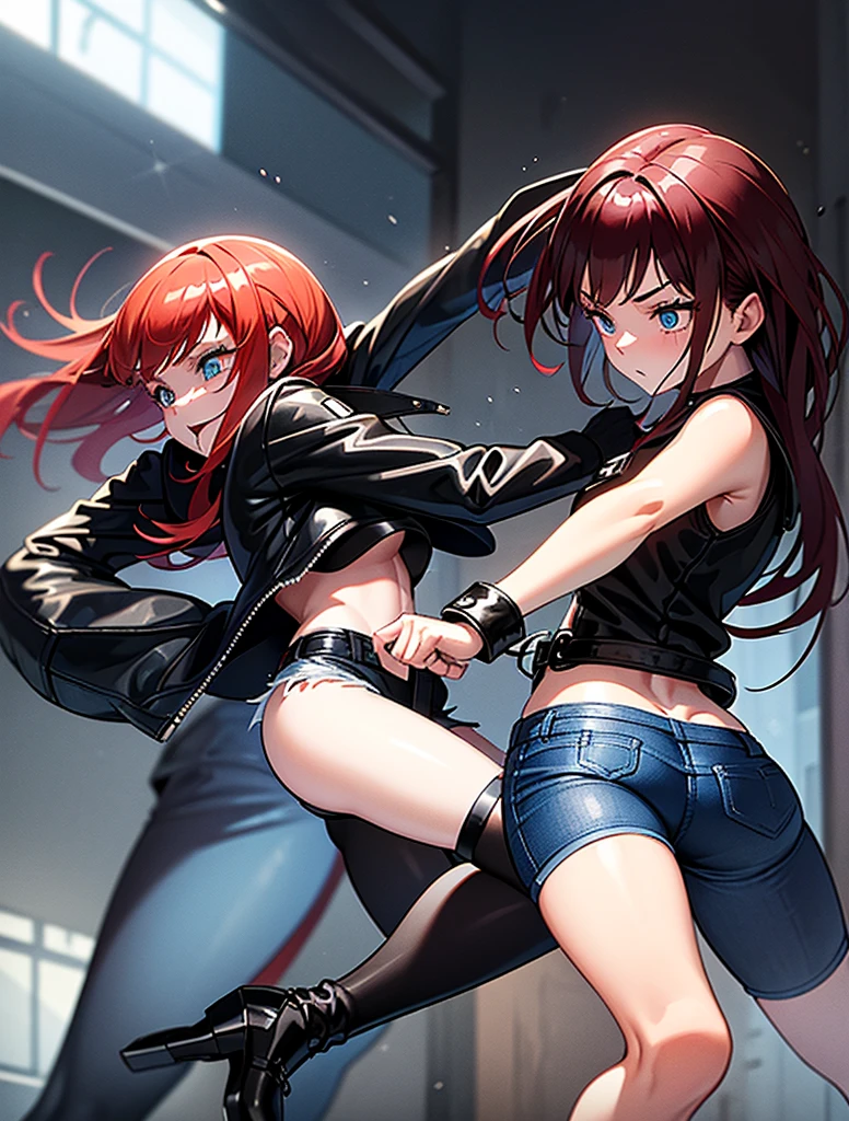 Two young girls, a young red-haired girl with blue eyes wearing a black leather jacket and a short white shirt with short blue denim shorts, and the second girl, a young girl with long black hair, blue eyes, a black leather jacket and a black shirt with short blue denim shorts., en una battle, dos chicas fighting, fighting, battle,