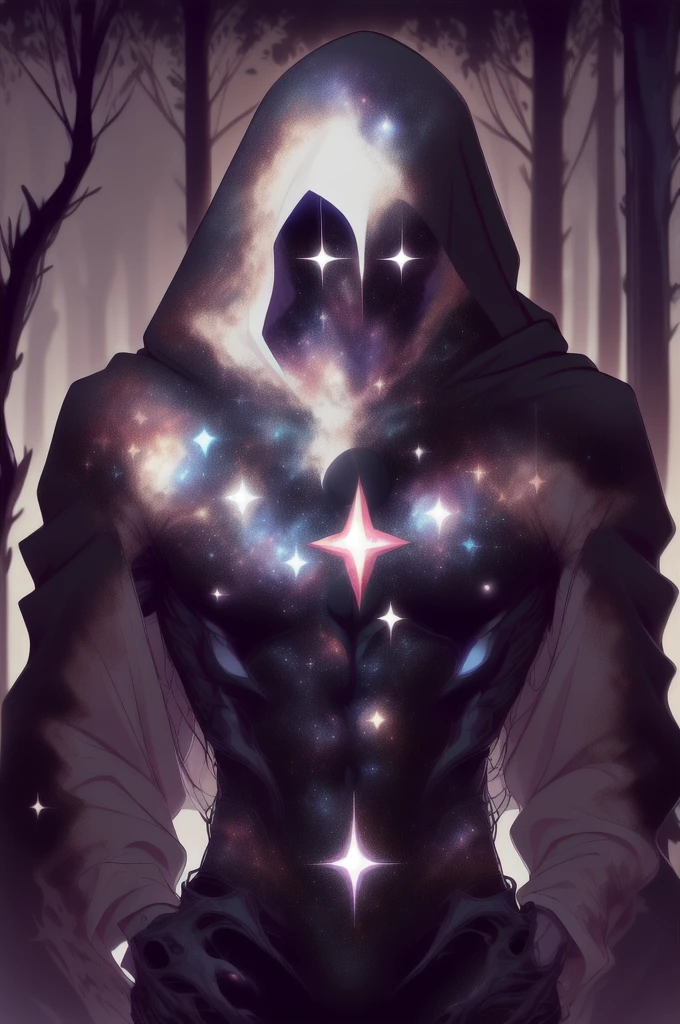 dark celestialskin body , void cosmic body, colored skin, flat color, jet black skin, a white cloak, hood on, holding an open book infront of him, silhouette,1boy,
portrait, upper body,in a forest , front view