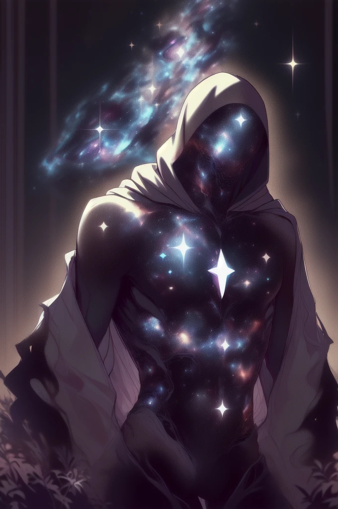 dark celestialskin body , void cosmic body, colored skin, flat color, jet black skin, a white cloak, hood on, holding an open book infront of him, silhouette,1boy,
portrait, upper body,in a forest , front view