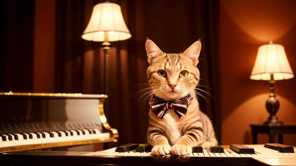 (Highest quality: 1.4),　High resolution,　8K,　Cozy jazz cafe with dim and warm lighting,　A sophisticated cat wearing a tiny fedora and bow tie sits at a grand piano、Playing jazz music,　The cat&#39;s paws move gracefully across the keyboard.、Eyes half-closed in concentration, 　In the background、There are a few small tables where customers can sit and enjoy their drinks.、There&#39;s a vintage record player and shelves filled with old jazz records.,　The smoke drifts gently、Create a nostalgic and atmospheric scene,　The overall atmosphere is relaxed and a little melancholic.、It captures the essence of a classic jazz bar.。