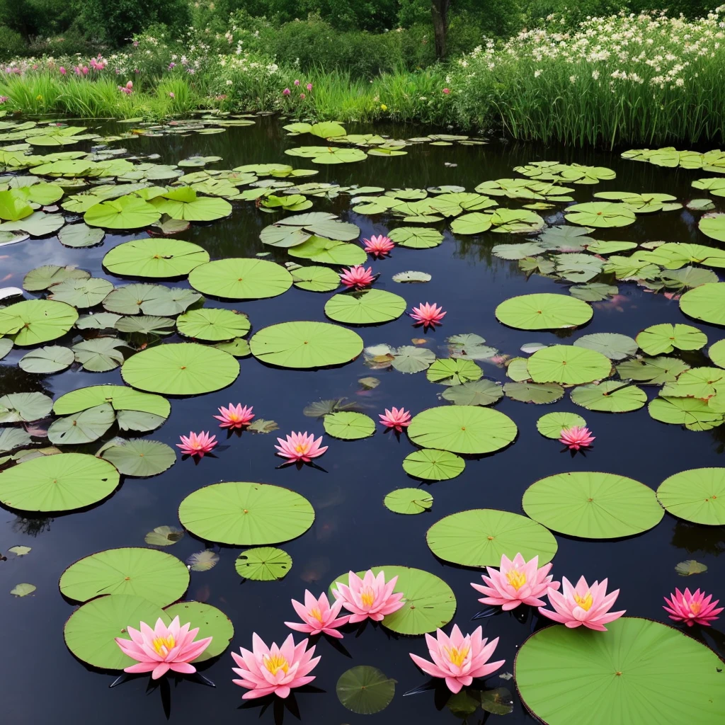 there are many water lillies floating in a pond of water, alpine pond with water lilies, pond with frogs and lilypads, waterlily pond, lily pads, water lilies, garden pond scene, waterlily pads, small pond, lotus pond, incredibly beautiful, in a pond, lily pad, nymphaea, ponds of water, pond scene, ponds