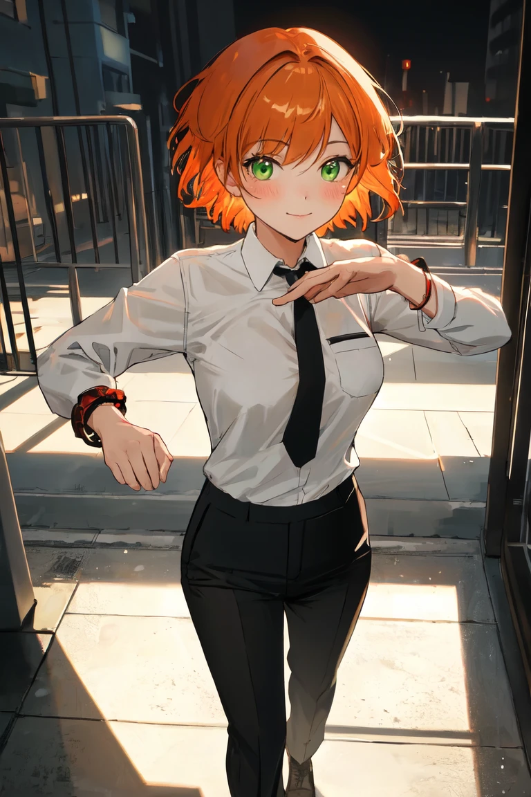 masterpiece, best quality, highly detailed background, perfect lighting, best quality, (extremely detailed face), volumetric lighting, intricate details, shadow, tonemapping, sharp focus, hyper detailed, trending on Artstation, (solo)
BREAK
(Blush, orange hair, green eyes, 25 years old, short hair, medium build, medium breasts ), (hands)
BREAK
((White shirt, long sleeve shirt, black pants, black tie, red bracelet))
BREAK
(city street )
BREAK
(Standing, facing_viewer,looking_at_viewer, light smile, closed mouth, (fighting pose))
