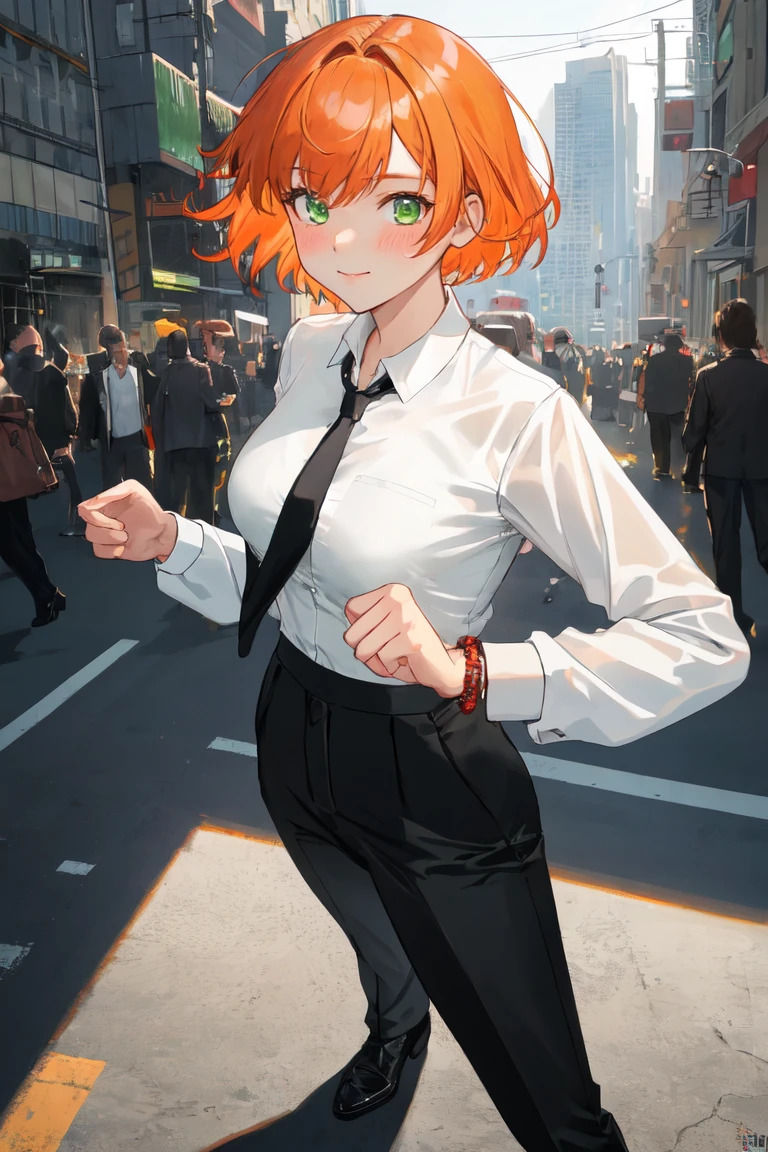 masterpiece, best quality, highly detailed background, perfect lighting, best quality, (extremely detailed face), volumetric lighting, intricate details, shadow, tonemapping, sharp focus, hyper detailed, trending on Artstation, (solo)
BREAK
(Blush, orange hair, green eyes, 25 years old, short hair, medium build, medium breasts ), (hands)
BREAK
((White shirt, long sleeve shirt, black pants, black tie, red bracelet))
BREAK
(city street )
BREAK
(Standing, facing_viewer,looking_at_viewer, light smile, closed mouth, (fighting pose))
