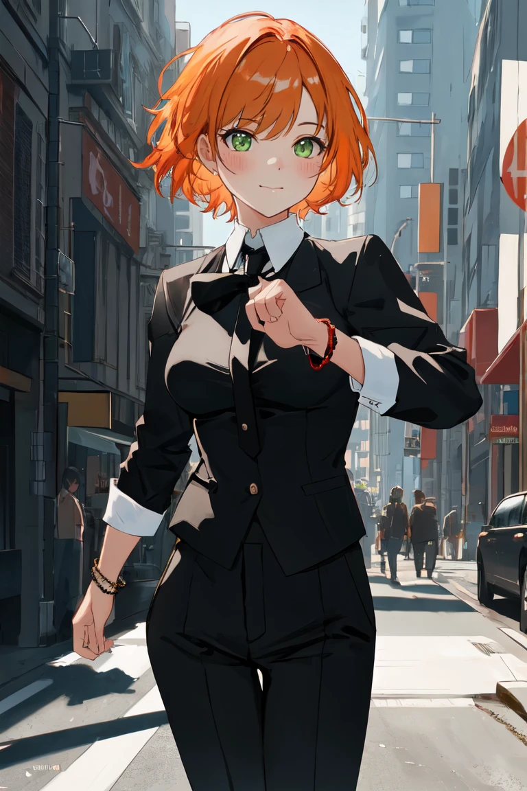 masterpiece, best quality, highly detailed background, perfect lighting, best quality, (extremely detailed face), volumetric lighting, intricate details, shadow, tonemapping, sharp focus, hyper detailed, trending on Artstation, (solo)
BREAK
(Blush, orange hair, green eyes, 25 years old, short hair, medium build, medium breasts ), (hands)
BREAK
((White shirt, long sleeve shirt, black pants, black tie, red bracelet))
BREAK
(city street )
BREAK
(Standing, facing_viewer,looking_at_viewer, light smile, closed mouth, (fighting pose))
