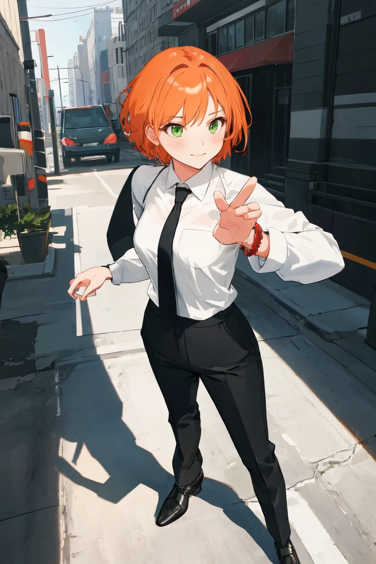 masterpiece, best quality, highly detailed background, perfect lighting, best quality, (extremely detailed face), volumetric lighting, intricate details, shadow, tonemapping, sharp focus, hyper detailed, trending on Artstation, (solo)
BREAK
(Blush, orange hair, green eyes, 25 years old, short hair, medium build, medium breasts ), (hands)
BREAK
((White shirt, long sleeve shirt, black pants, black tie, red bracelet))
BREAK
(city street )
BREAK
(Standing, facing_viewer,looking_at_viewer, light smile, closed mouth, (fighting pose))