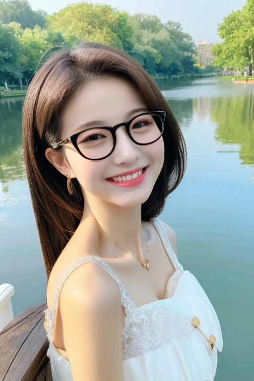 Highest quality、masterpiece、High sensitivity、High resolution、Detailed Description、Slender women、Slim Body、Glasses、Boat ride on the park pond、smile、face to face at close range、