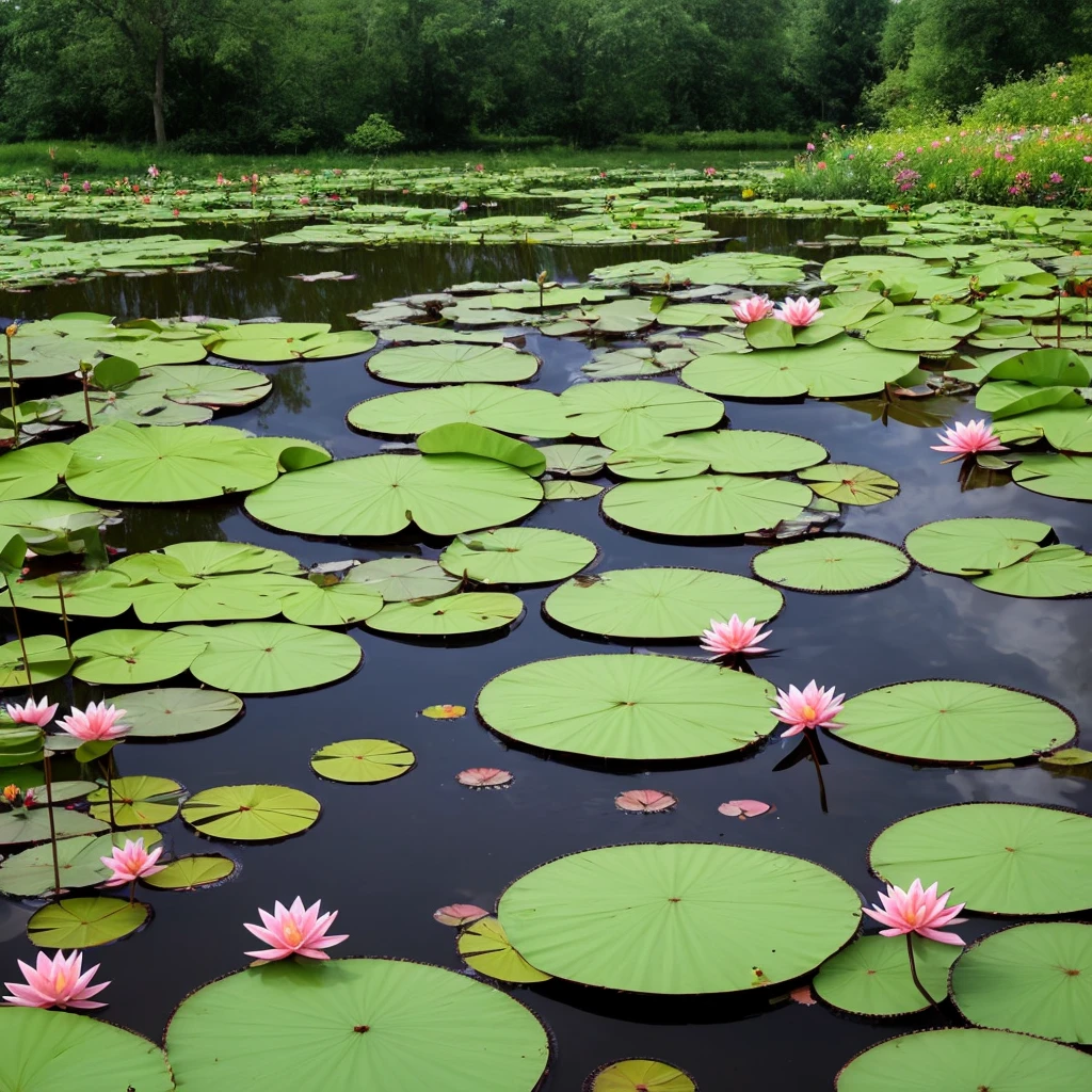 there are many water lillies floating in a pond of water, alpine pond with water lilies, pond with frogs and lilypads, waterlily pond, lily pads, water lilies, garden pond scene, waterlily pads, small pond, lotus pond, incredibly beautiful, in a pond, lily pad, nymphaea, ponds of water, pond scene, ponds