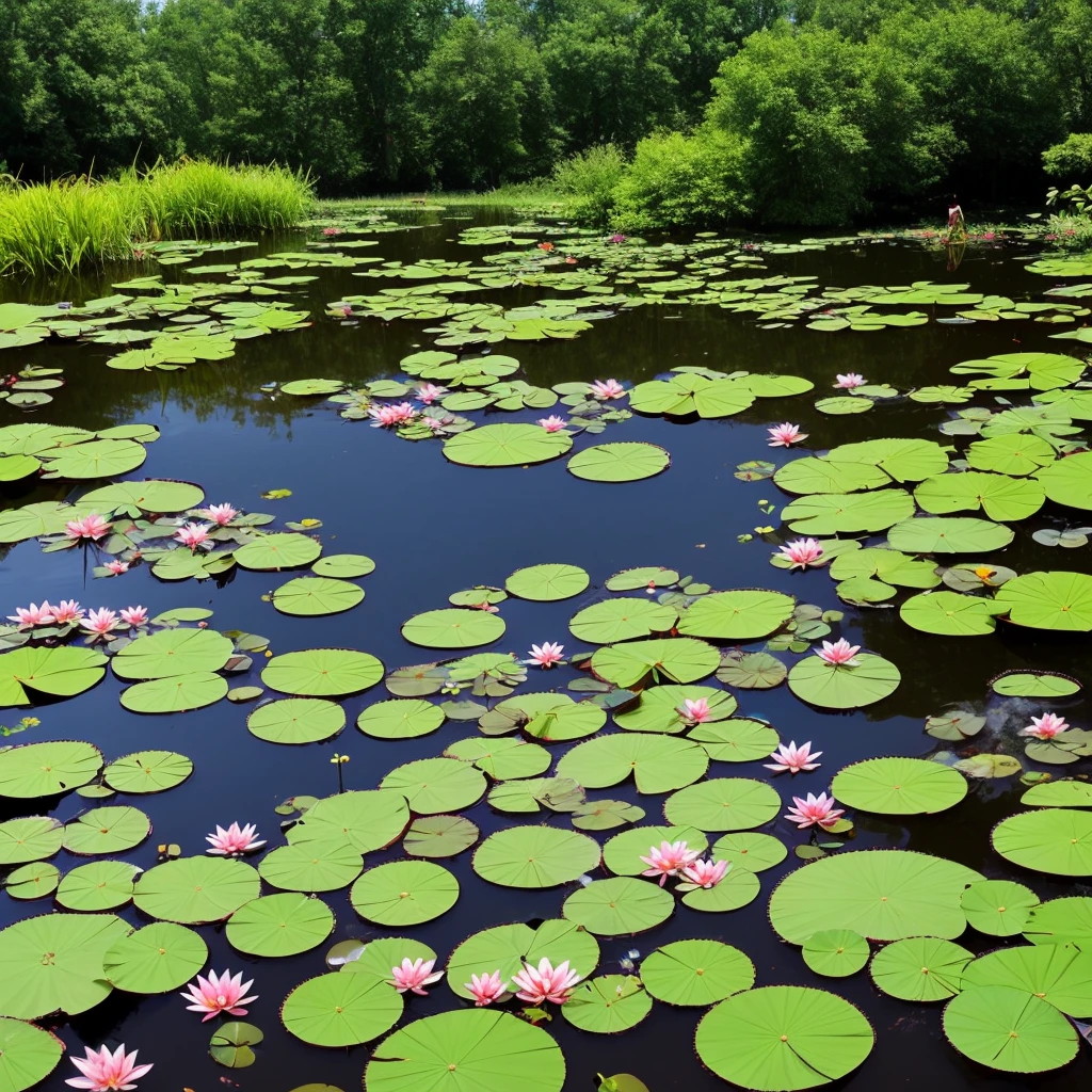 there are many water lillies floating in a pond of water, alpine pond with water lilies, pond with frogs and lilypads, waterlily pond, lily pads, water lilies, garden pond scene, waterlily pads, small pond, lotus pond, incredibly beautiful, in a pond, lily pad, nymphaea, ponds of water, pond scene, ponds