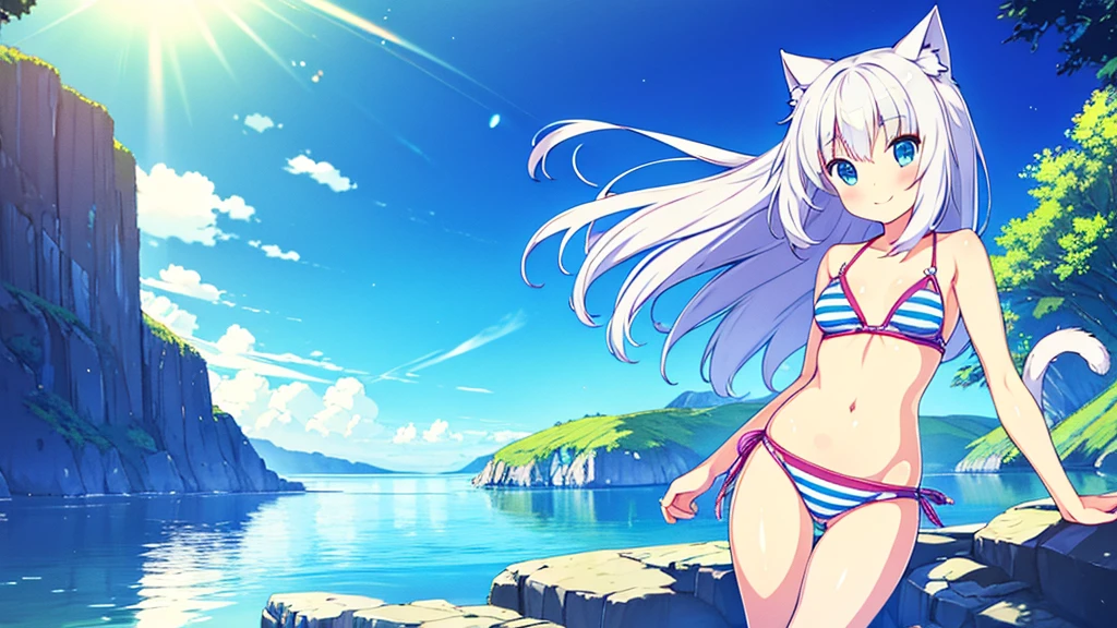 (Masterpiece), (High quality anime illustration), (Super definition), A girl, Alone, Beautiful silver hair girl, anime change, cat ear , , emphasis on the thigh, Striped bikini, SMILE, buttocks, buttocks Up, Back, South Island Sea, water, Tarot Card Wind