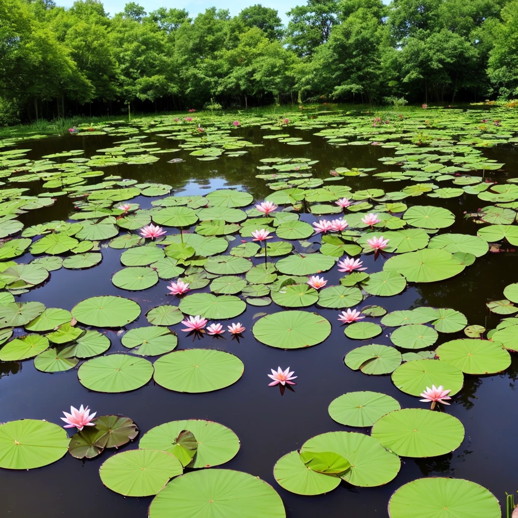 there are many water lillies floating in a pond of water, alpine pond with water lilies, pond with frogs and lilypads, waterlily pond, lily pads, water lilies, garden pond scene, waterlily pads, small pond, lotus pond, incredibly beautiful, in a pond, lily pad, nymphaea, ponds of water, pond scene, ponds