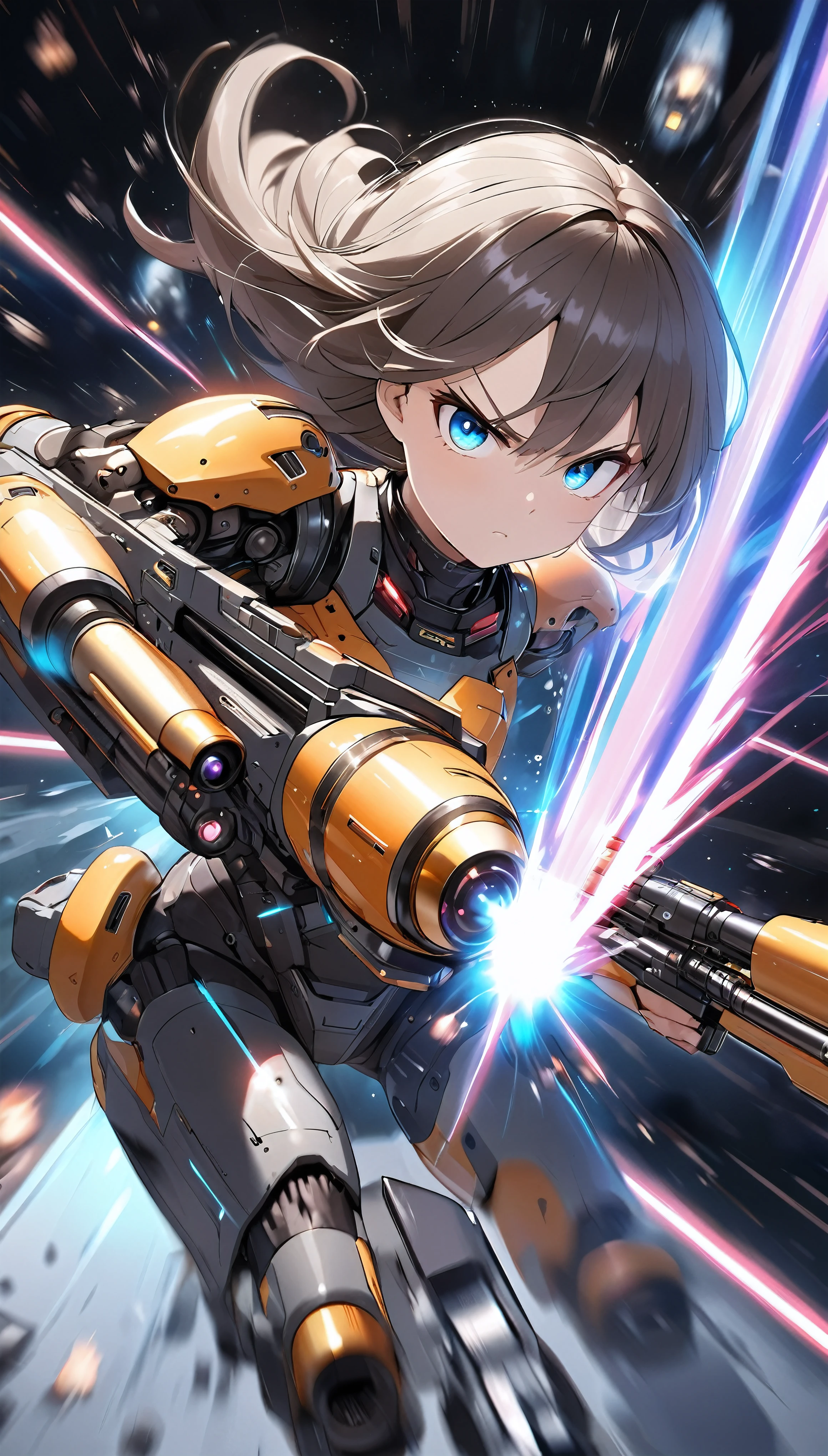 Looking at viewerMain role,Gunner Cyborg, sudden approach, Motion blur to express explosive acceleration, Combat Flight Mode, Detailed and aesthetic movement, Anatomically correct BREAK Detailed and sophisticated machinery, upscale, Gloss, gloss, Flexible moving parts, Mature eroticism,
BREAK Laser weapon attack, Firing at the audience, black light ray gun,
BREAK Emphasizing the acceleration of the speed of sound(Holographic Motion Blur), Leaning forward to attack the viewer,
BREAK Clear and pure eyes, loooking at viewer, Space War, Aesthetic space,
BREAK Beware of side attacks, Dodge the bullets and get closer, Metallic Reflection,
BREAK loooking at viewer, Detailed and attractive faces, calm, brave, concentrated, Glaring at the audience,
Dynamic shot, (Improved transmittance across the entire subject:1.6)