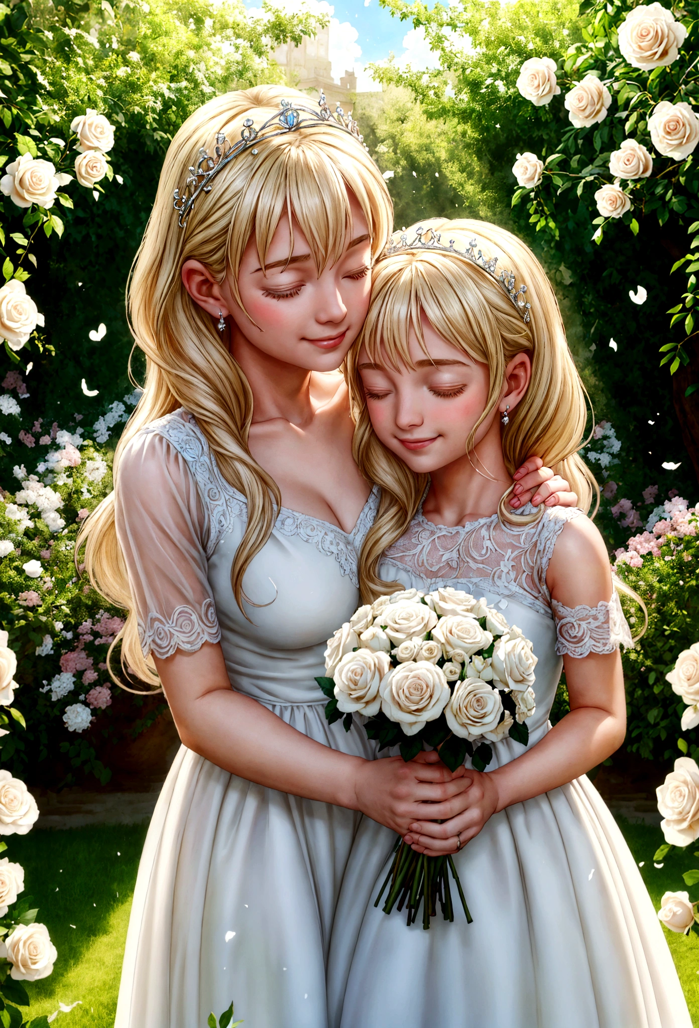 best quality,4k,8k,highres,masterpiece:1.2,ultra-detailed,realistic:1.37,portrait,beautiful mother and daughter in an Italian garden,medium:oils,classic Italian style,soft and warm colors,gentle lighting,delicate brush strokes,artistic masterpiece,pastel-hued flowers,bright blue sky and fluffy white clouds,fine details on their dresses,mother wearing an elegant white gown,daughter in a white dress with delicate lace,sparkling tiaras on their heads,smiling and joyful expressions,daughter holding a bouquet of white roses,embrace of love and innocence,subtle sunlight filtering through the trees,whisper of a gentle breeze,tranquil and peaceful atmosphere,mother's loving gaze,daughter's eyes full of excitement and joy,overall scene exudes purity and serenity.