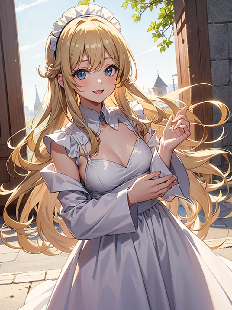 Anime, 1 girl, long wavy blonde hair, wearing white long beautifiul gown, wearing maid headband all-white. Happy expression, smile.