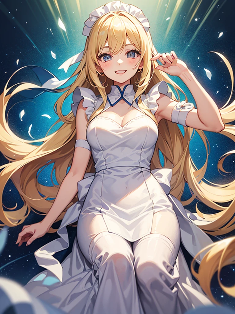Anime, 1 girl, long wavy blonde hair, wearing white long beautifiul gown, wearing maid headband all-white. Happy expression, smile.