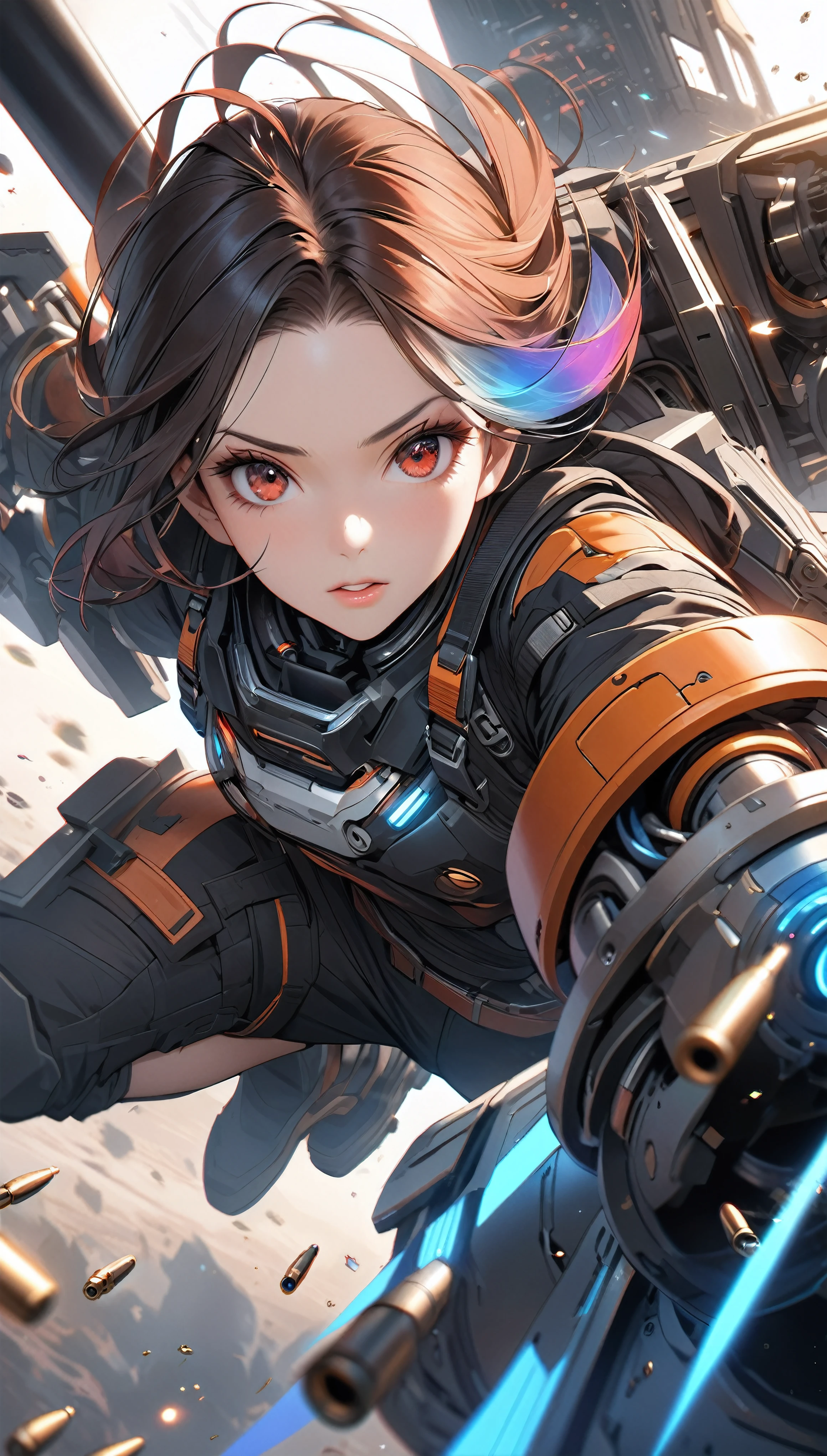 Attractive woman, gunner, cyborg, Realistic Babe, 
BREAK: Fascinating Female Body, Detailed and precise mechanical joints, A seamless fusion of human beauty and precision machinery, Mature adult sex appeal, 
BREAK Detailed and realistic skin texture, Precision Mechanical Joints, Smooth moving parts, Pneumatic hose, Alluring cleavage, 
BREAK Clear Red Eyes, Aesthetic luminescence, 
BREAK Transparent full color, Holographic Hair, Smooth expression, 
BREAK Ultra-realism, Detailed and realistic skin texture, Detailed and intricate texture, Detailed and intricate brushwork, Detailed and clear depiction, Anatomically correct, Absurd aesthetics, 
BREAK Attack with a sophisticated and high-performance beam rifle, Approach the viewer while avoiding enemy attacks, 
BREAK Leaning forward to approach the viewer, Firing at the audience, Bullets approaching, Motion blur to emphasize the approaching bullet&#39;s trajectory, Combat Ready, 
BREAK Space War, Aesthetic space combat, Transparent full color, Fantastic iridescent colors, A bold and powerful composition, 
BREAK: Approaching the viewers, Motion blur to express explosive acceleration, Rapid approach using combat flight mode, Detailed and aesthetic movement, 
BREAK Professional spray work, highest quality render, Highest quality, Highest Resolution, super retina vision, 