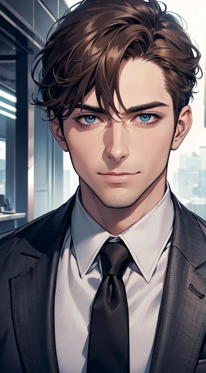 (best quality,4k,8k,highres,masterpiece:1.2),ultra-detailed,(realistic,photorealistic,photo-realistic:1.37),1 man,31 years old,mature man,very handsome,without expression,smile,short grey brown hair,blue eyes,penetrating gaze,perfect face without errors,imposing posture,businessman,office background,cinematic lighting,hdr image