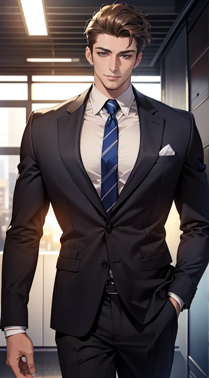 (best quality,4k,8k,highres,masterpiece:1.2),ultra-detailed,(realistic,photorealistic,photo-realistic:1.37),1 man,31 years old,mature man,very handsome,without expression,smile,short grey brown hair,blue eyes,penetrating gaze,perfect face without errors,imposing posture,businessman,office background,cinematic lighting,hdr image