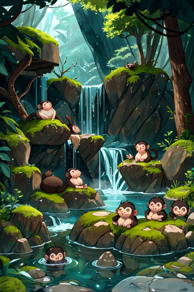 A beautiful chibi monkeys bathing in onsen, cheers jags, snow covered rock formation, humid outdoor onsen environment, highly detailed, photorealistic, 8k, masterpiece, intricate details, realistic water simulation, steam rising, mossy rocks, warm lighting, natural environment, serene atmosphere, adorable monkeys, realistic fur textures, crystal clear water, stunning scenery, vibrant colors, atmospheric lighting, picturesque landscape