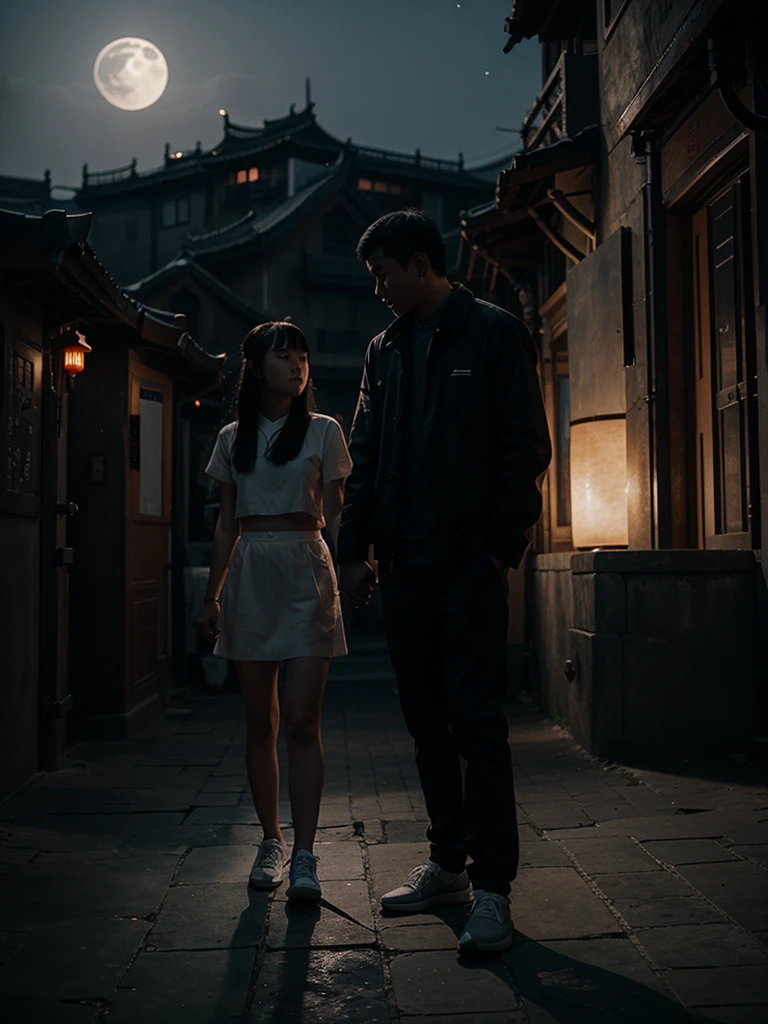A girl and a Chinese man holding hands under the moon 🌑