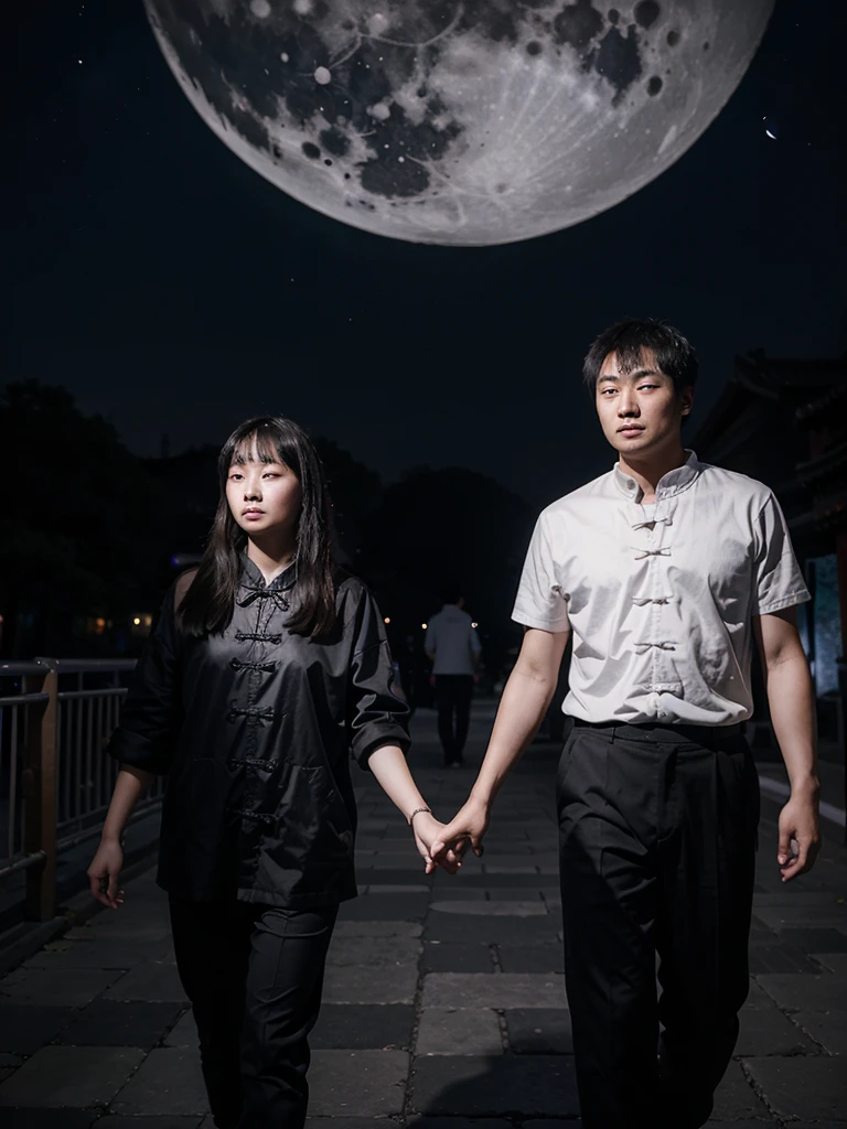 A girl and a Chinese man holding hands under the moon 🌑