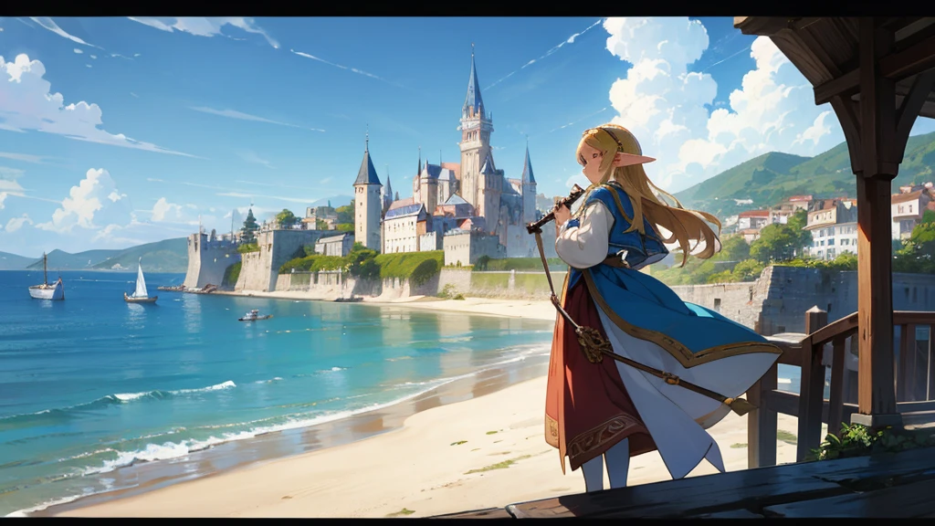 Anime Style,Nostalgic,Detailed background,The medieval world,Seaside,Beautiful sky,Beautiful Elf with a Bard's Smile,guitar,Large Breasts,Healthy thighs
