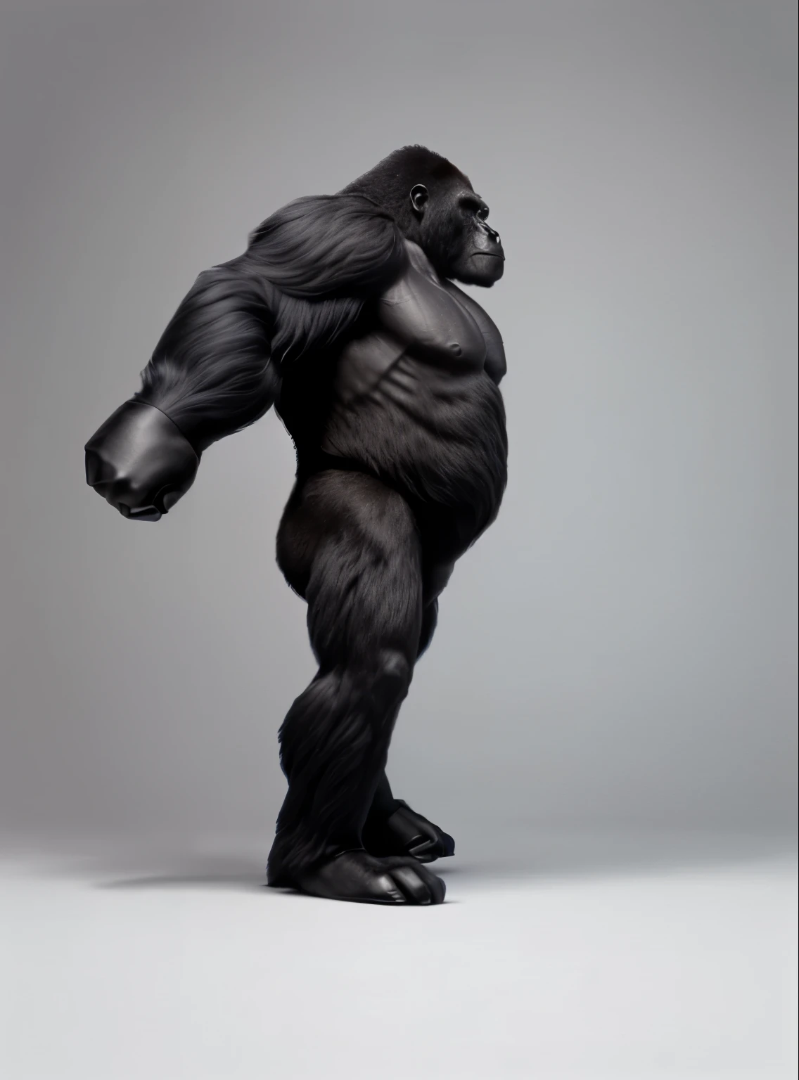arafed gorilla standing on its hind legs with a white background, black hair gorilla, distant full body view, bigfoot, big foot, full body wide shot, whole body highly detailed, like gorilla, sasquatch,muscular, strong body, full body profile, 1/2 view realistic, full body shot hyperdetailed, highly detailed full body, ( sasquatch, full body close-up shot